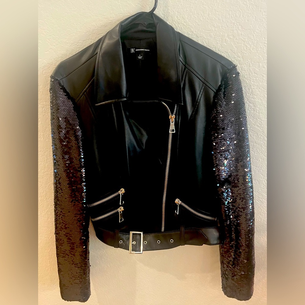 I-N-C International Concepts, ladies large black faux leather jacket w/sequins.